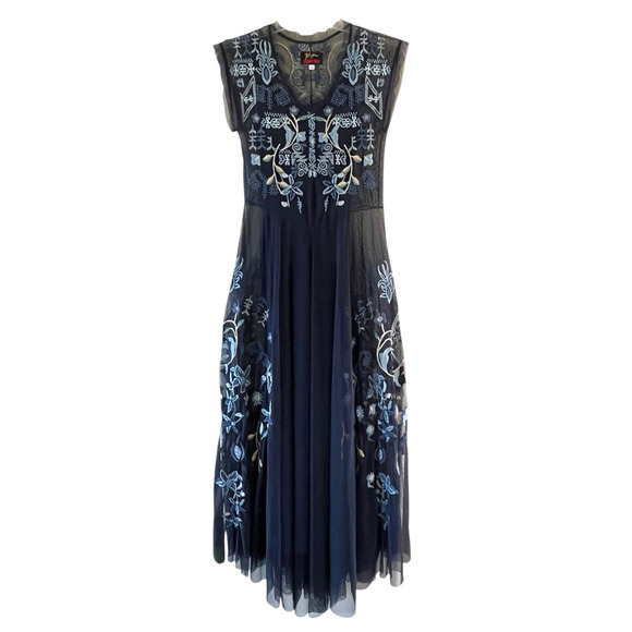 JOHNNY WAS BIYA Mesa Size Small Navy Blue Mesh Floral Embroidery Boho Maxi Dress - Picture 2 of 16